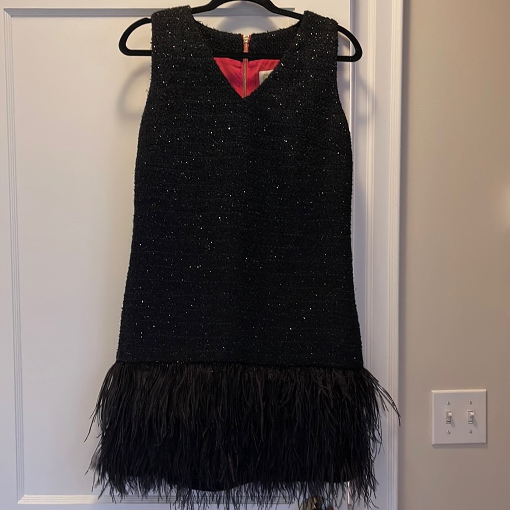 Black V-neck shift dress with feather fringe